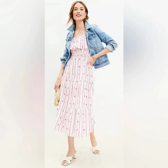 Loft Striped Ruffle Strappy Midi Dress - Picture 1 of 6